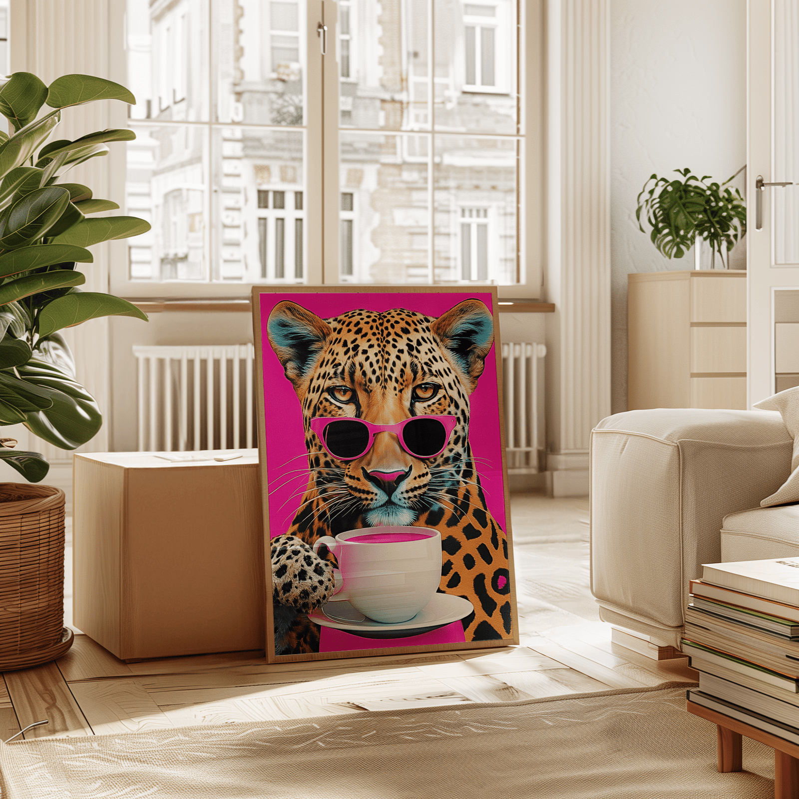 Leopard print wall art in natural frame displayed in a living room