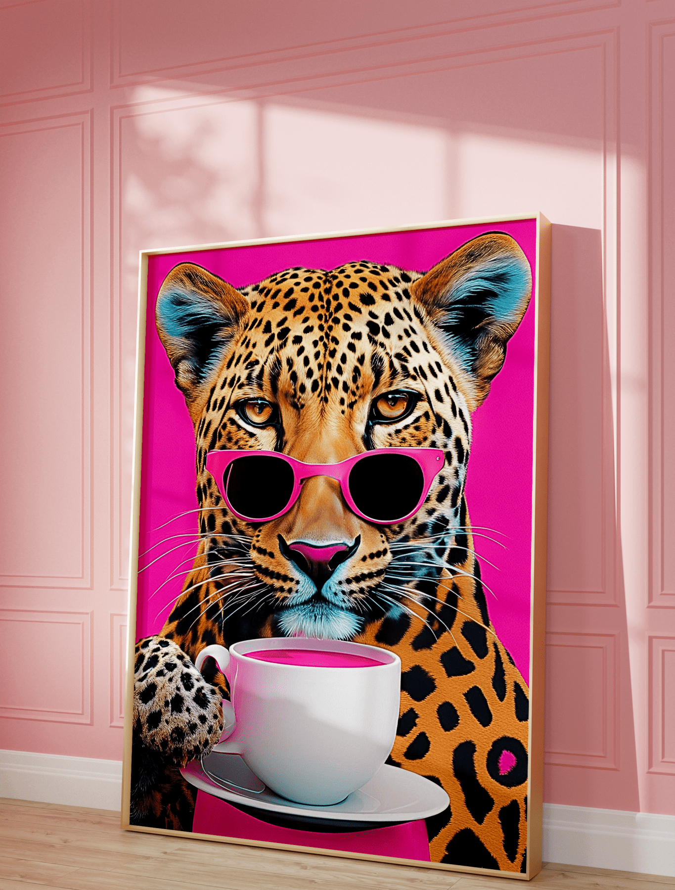 Framed leopard print wall art leaning in a pink-toned living room