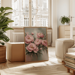 Framed pink peony flower artwork leaning by a bright window; airy modern apartment styling.