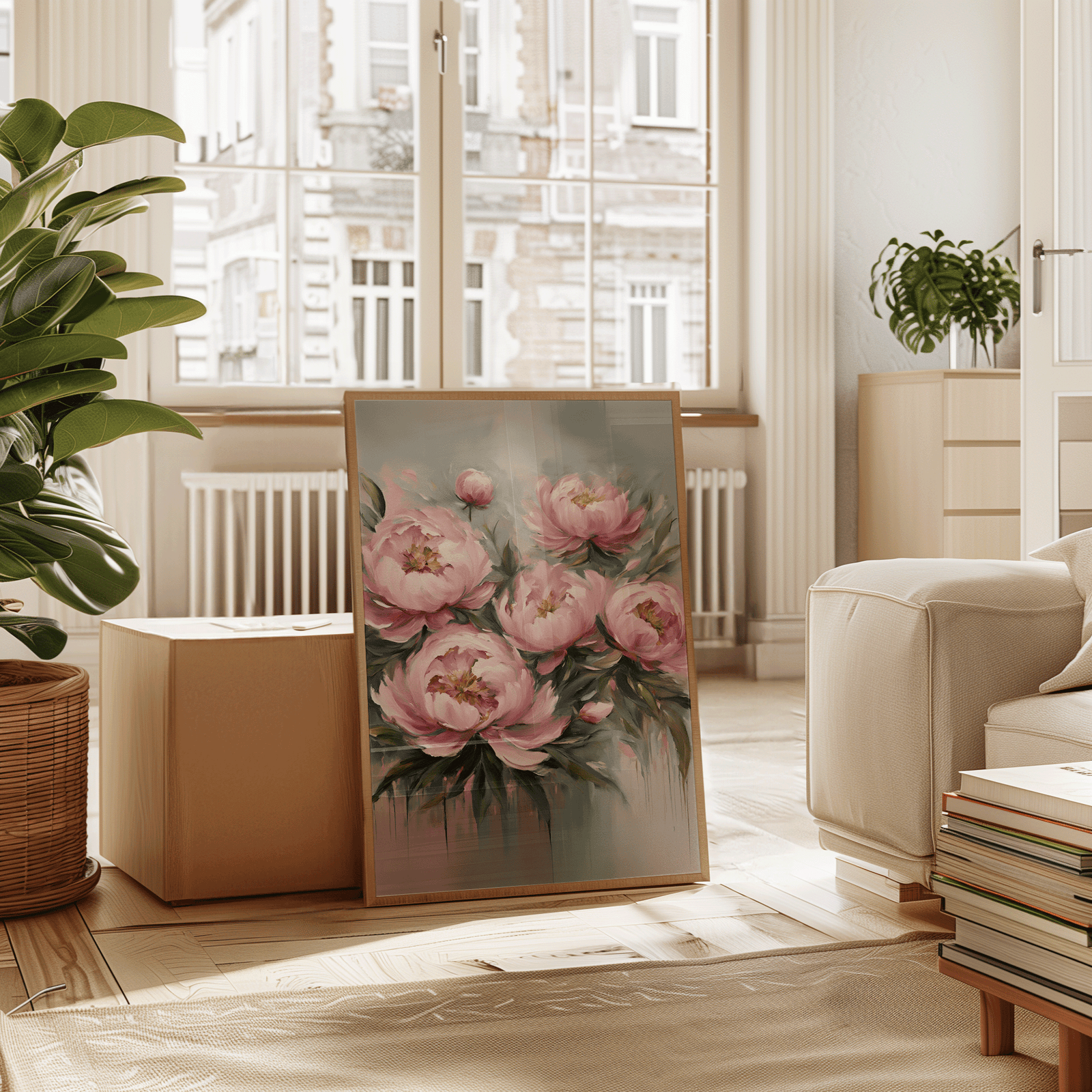 Framed pink peony flower artwork leaning by a bright window; airy modern apartment styling.