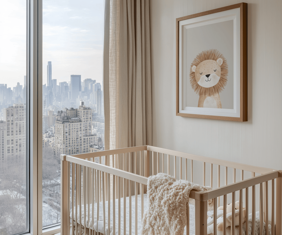 Lion nursery wall art framed above crib in modern neutral baby bedroom