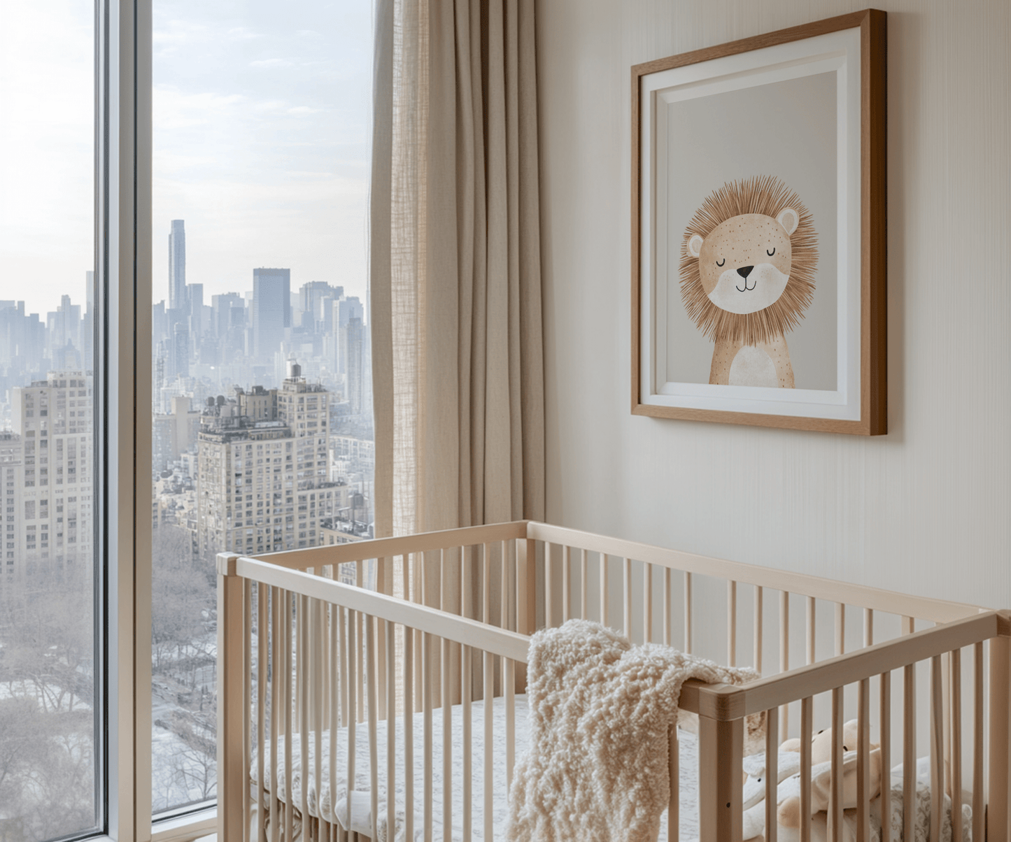 Lion nursery wall art framed above crib in modern neutral baby bedroom