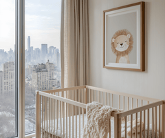 Lion nursery wall art framed above crib in modern neutral baby bedroom