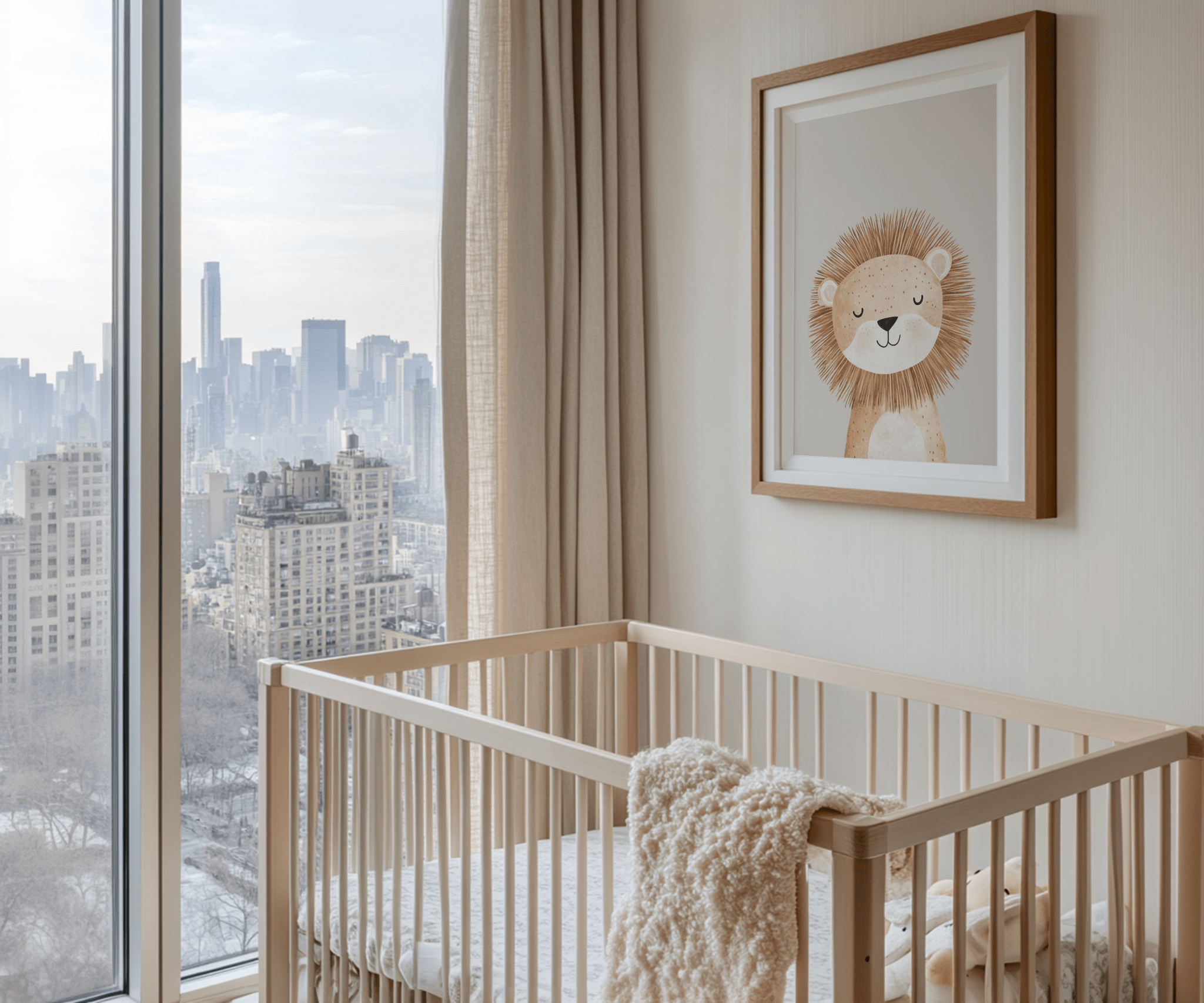 Lion nursery wall art framed above crib in modern neutral baby bedroom