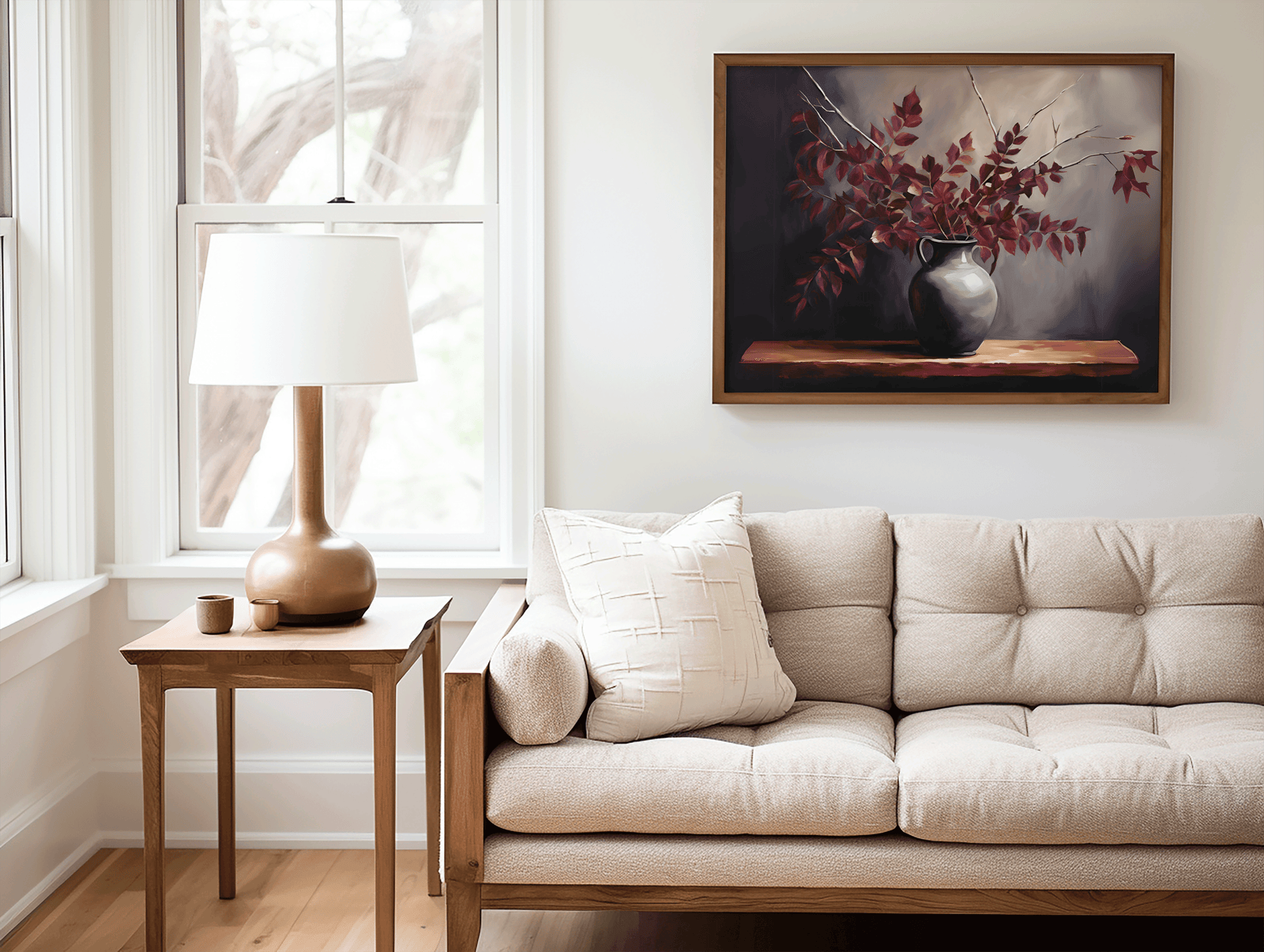 Framed botanical wall art with burgundy leaves in a grey vintage vase on a wooden base and placed above beige tufted sofa in living room