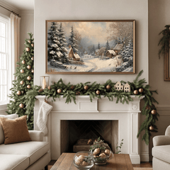 Vintage snowy village Christmas print above a fireplace with garland in a neutral living room