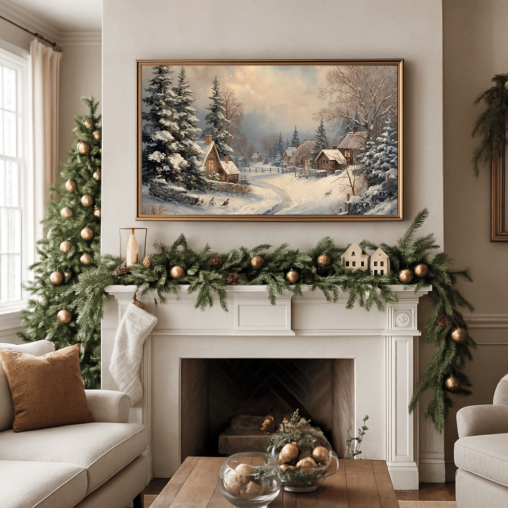 Framed canvas wall art print of a vintage oil painting showing a snowy village scene, styled above a cozy Christmas fireplace in a neutral living room with garland and holiday decor.