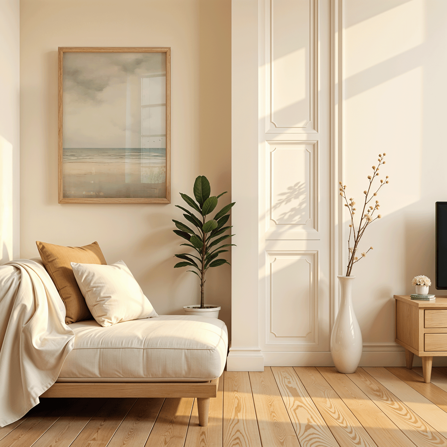Modern living room with a white sofa, plant, and framed neutral vintage beach landscape wall art print.