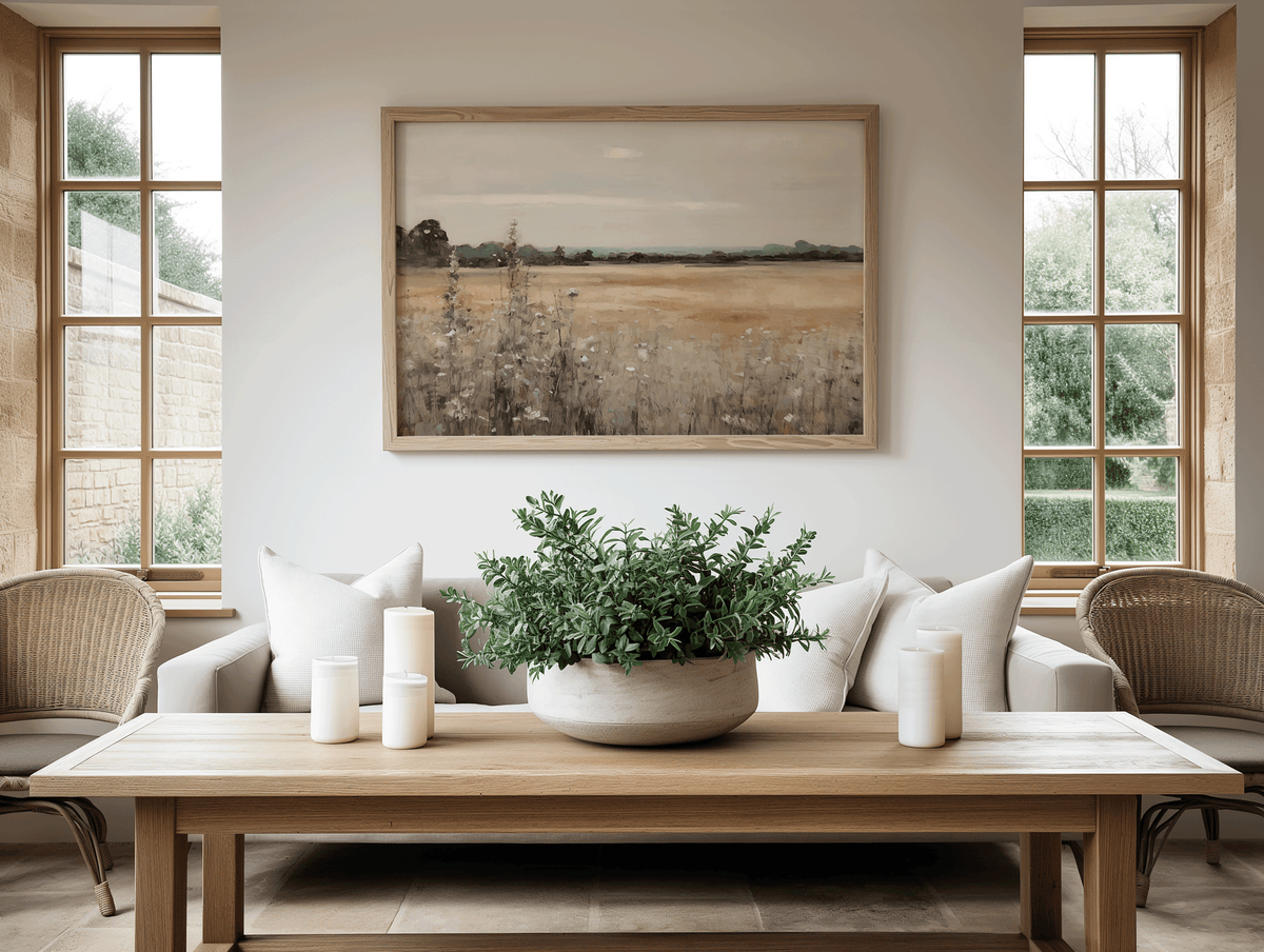 Vintage nature landscape wall art framed above sofa with greenery in bright living room decor