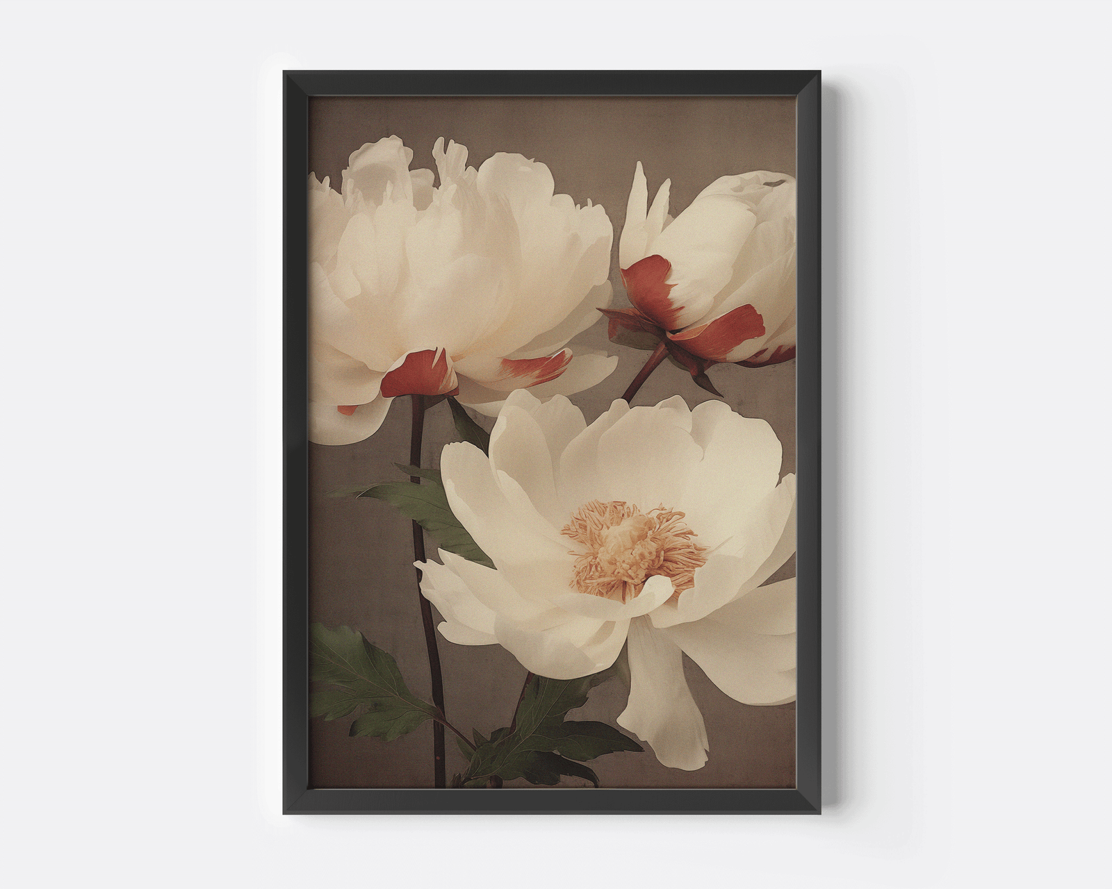 Close-up of vintage lotus flower wall art print with burgundy, brown and white accents in a black frame on a white wall