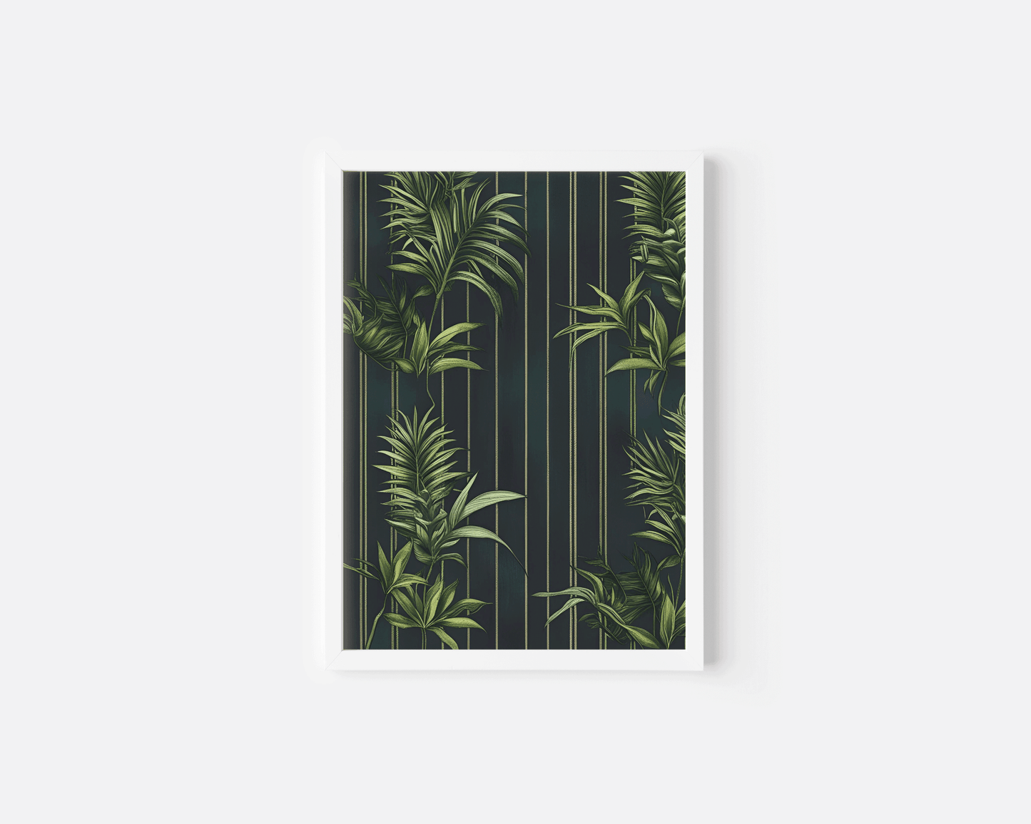White framed tropical wall art of dark green palm leaves on plain background