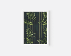 White framed tropical wall art of dark green palm leaves on plain background