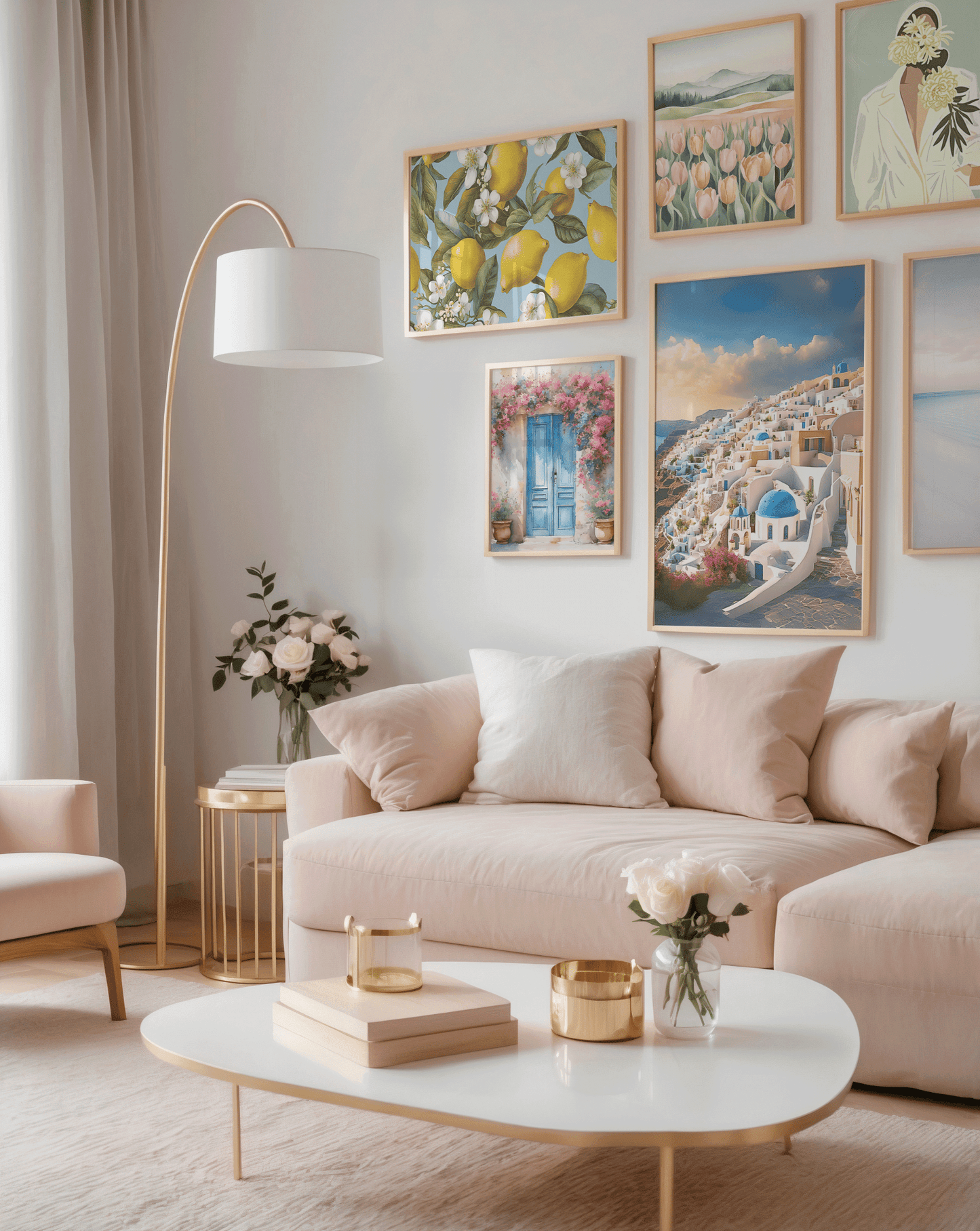 Mediterranean-inspired gallery wall featuring lemon botanical print, Santorini scene, and pink floral doorway art above a neutral pink sofa