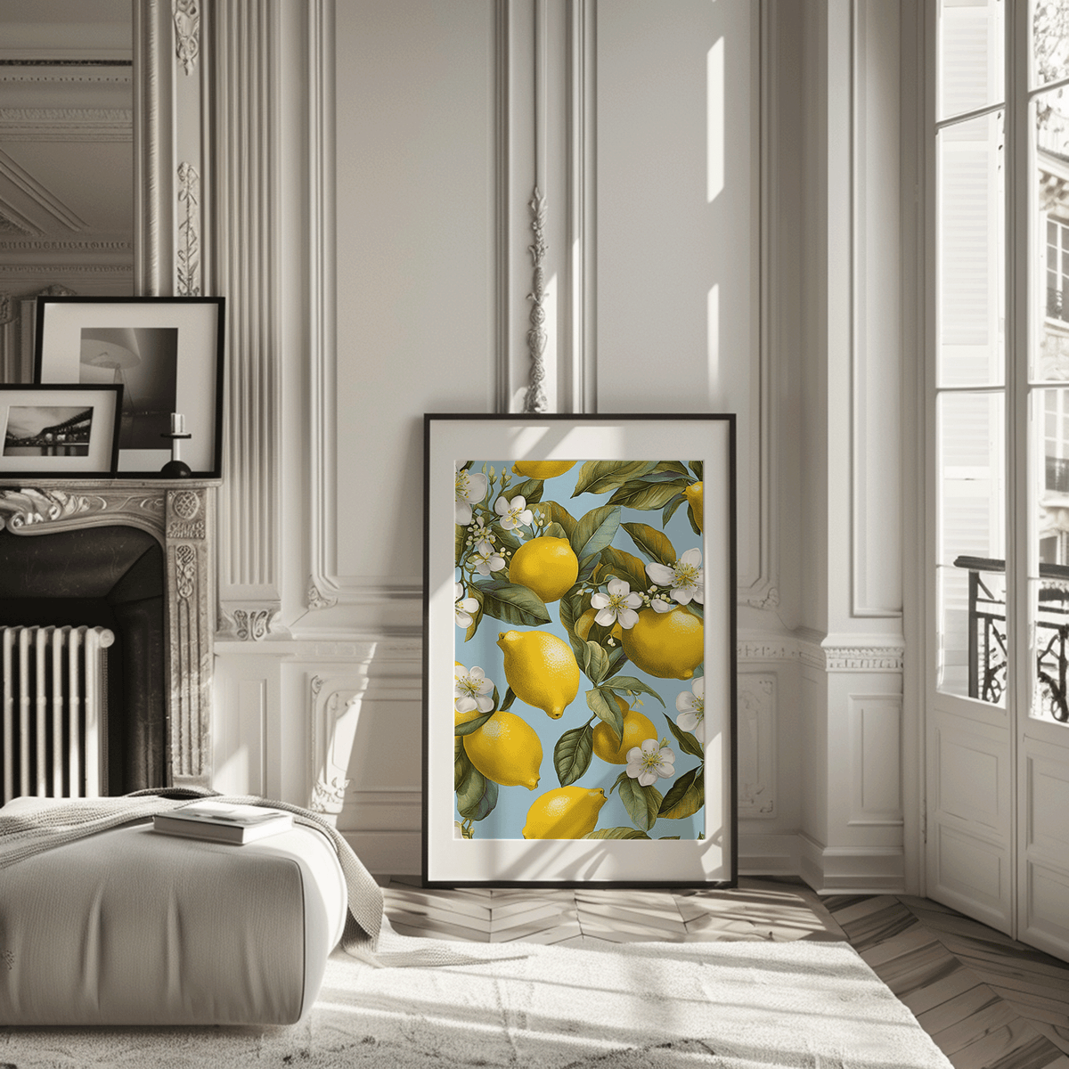 Mediterranean lemons on a vine with white flowers, green leaves and a baby blue background framed. The wall art is on the floor in a modern living room next to the fireplace.