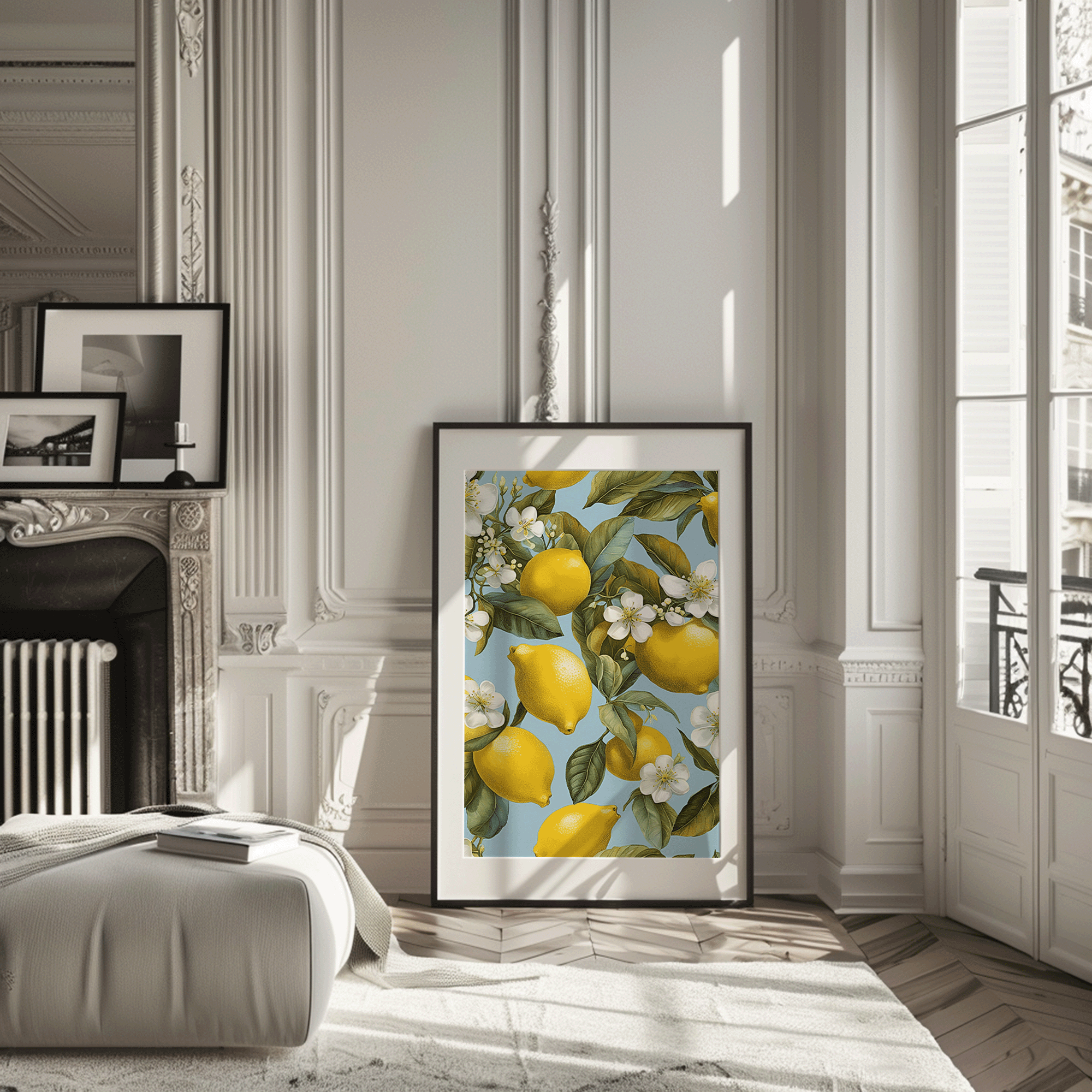 Mediterranean lemons on a vine with white flowers, green leaves and a baby blue background framed. The wall art is on the floor in a modern living room next to the fireplace.
