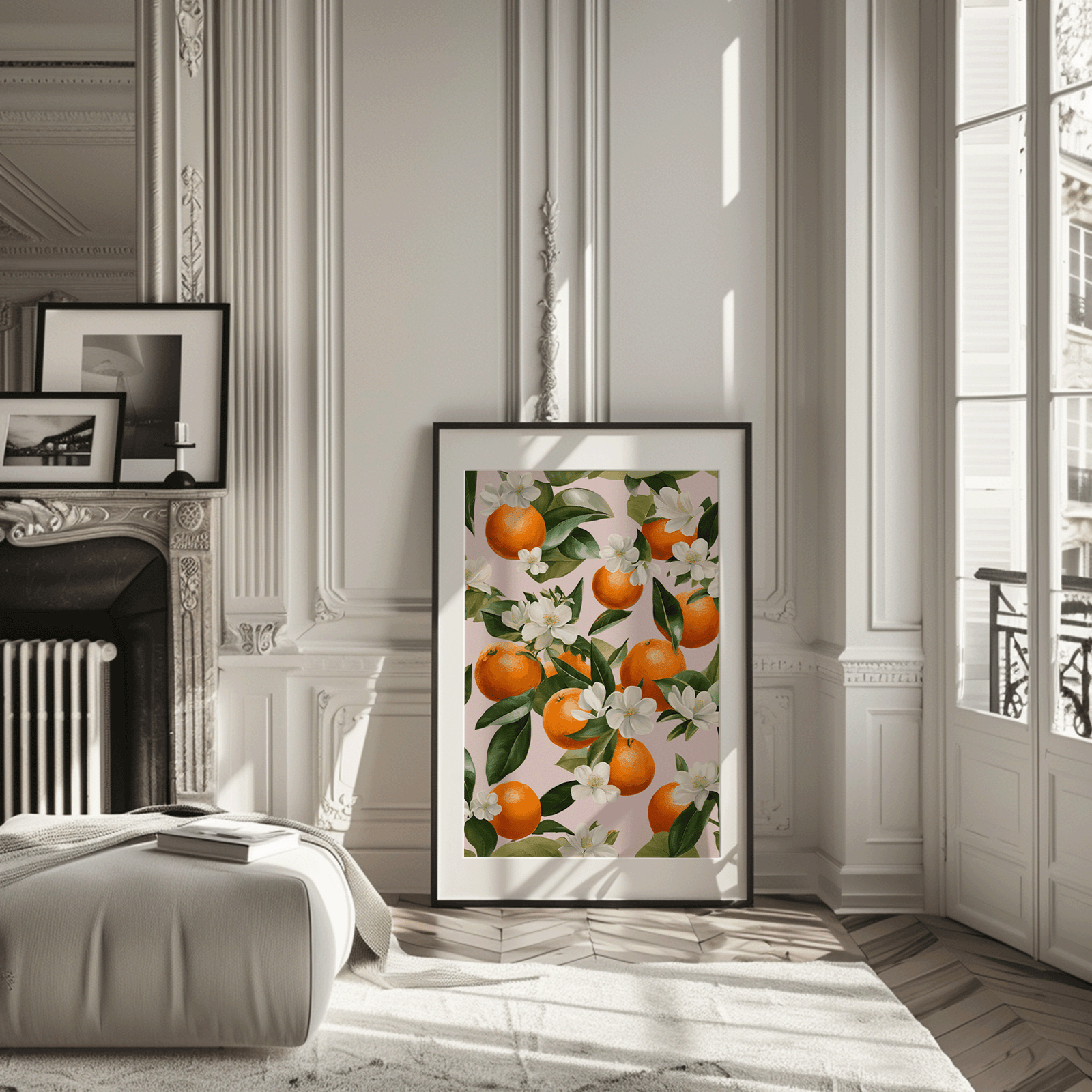 Orange and white botanical citrus wall art styled next to a fireplace in a modern  contemporary living room