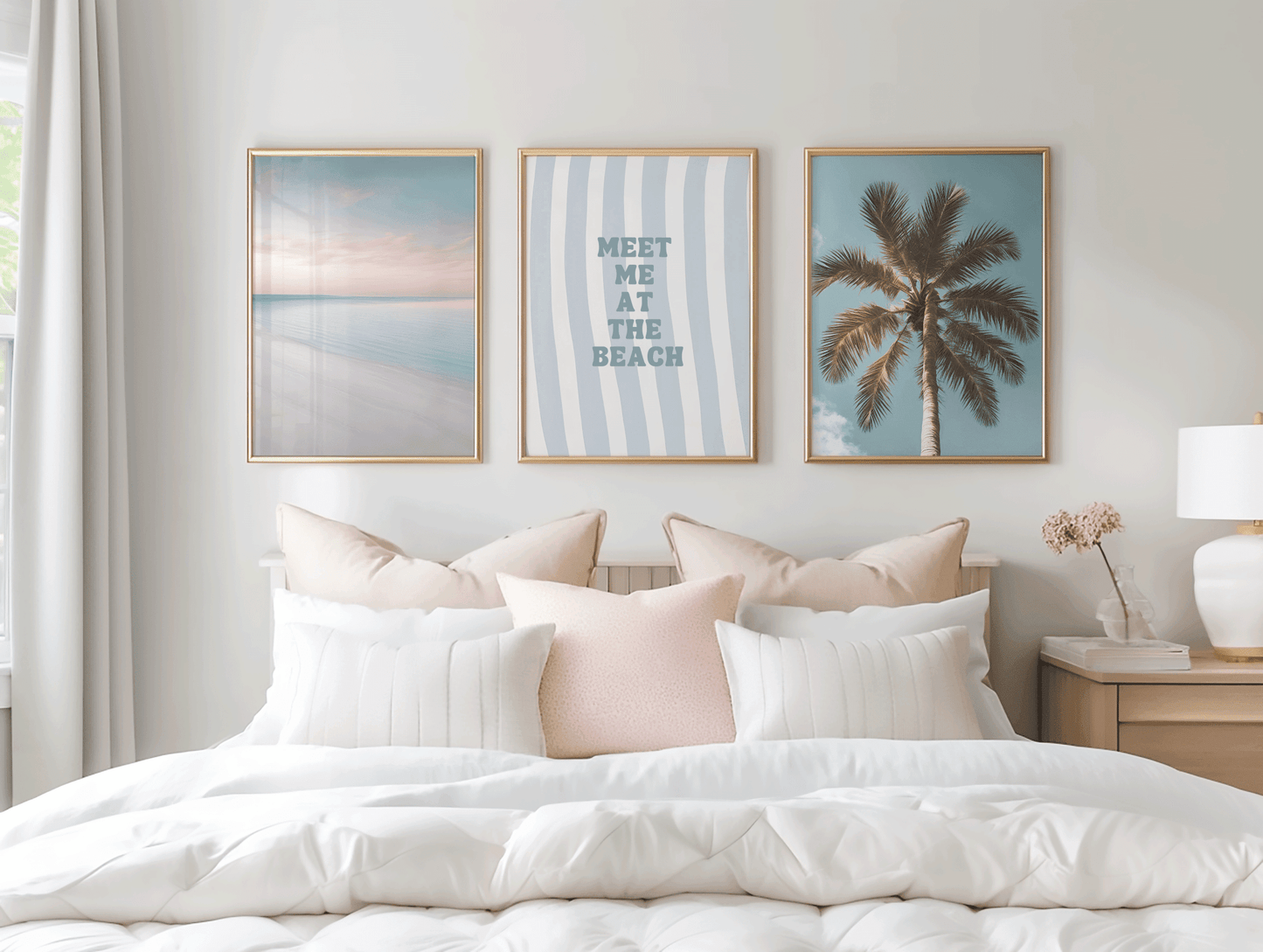 Bedroom featuring a set of three framed wall art above a bed of a beach scene, palm tree wall art, and 'meet me a the beach' prints