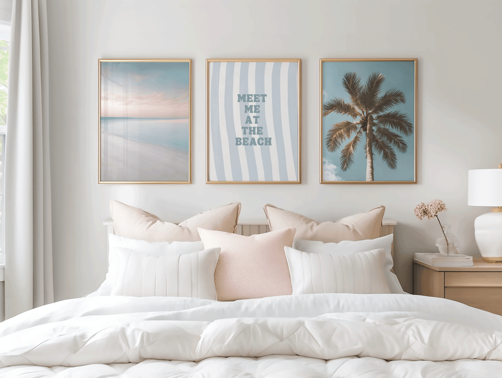 Bedroom featuring a set of three framed wall art above a bed of a beach scene, palm tree wall art, and 'meet me a the beach' prints