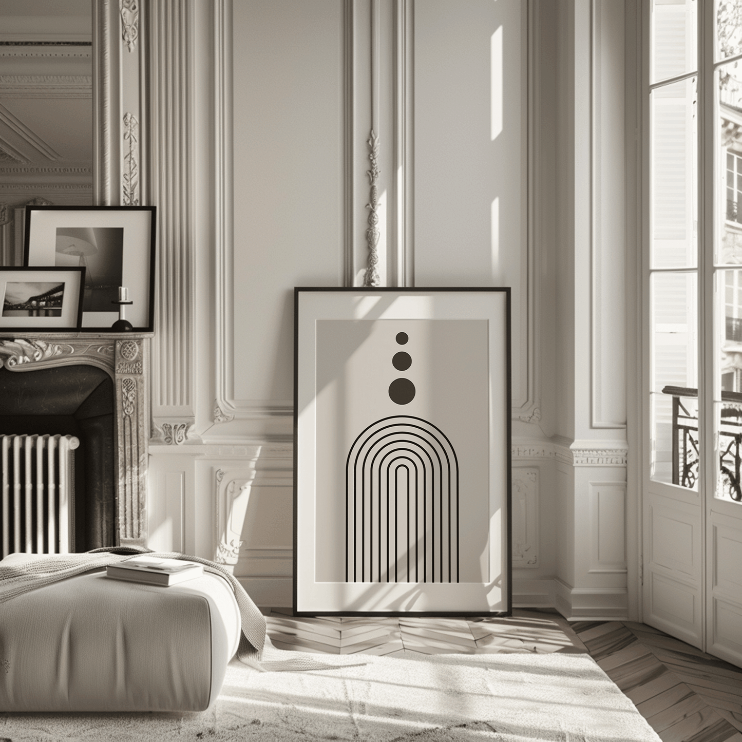Mid-century arch print leaning by a fireplace in a classic apartment, warm neutral styling
