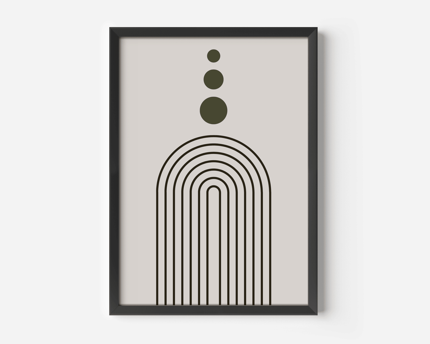 Mid-century modern arch and circles wall art print in a black frame, neutral beige and olive green