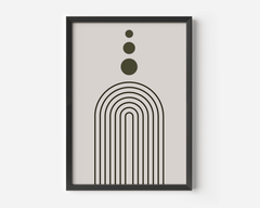 Mid-century modern arch and circles wall art print in a black frame, neutral beige and olive green