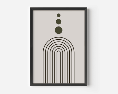 Mid-century modern arch and circles wall art print in a black frame, neutral beige and olive green