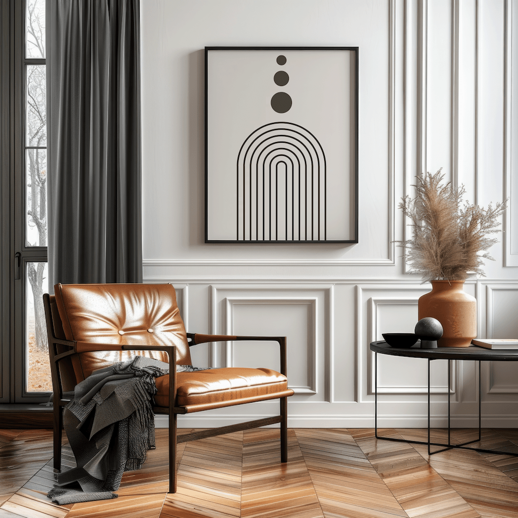 Mid-century arch print in a black frame above a leather chair in a bright reading nook