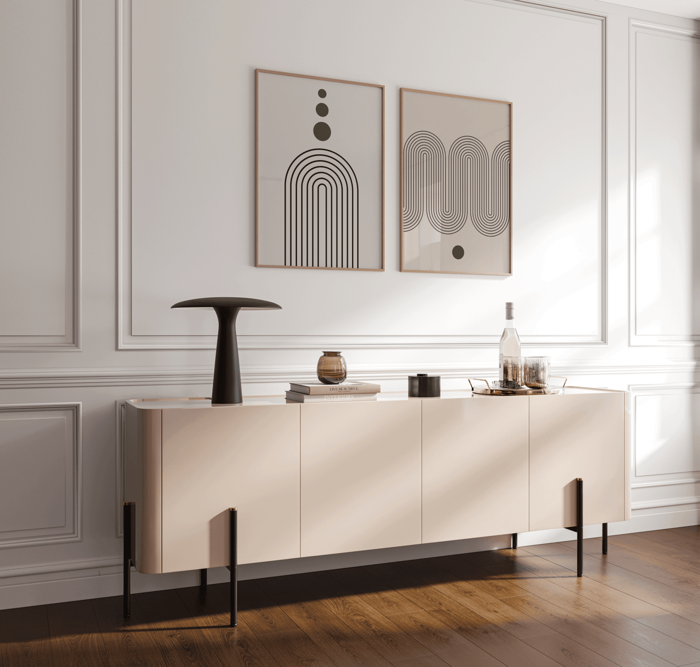 Mid-century arch and wave prints above a sideboard in an elegant dining room