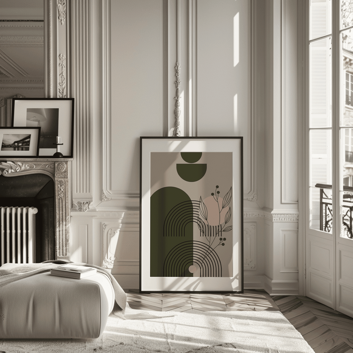 Mid-century botanical geometric art in a black frame leaning in a classic Parisian apartment
