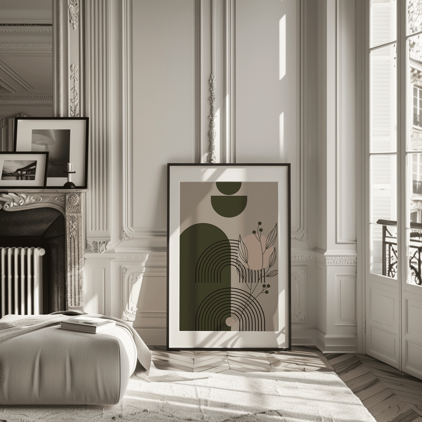 Mid-century botanical geometric art in a black frame leaning in a classic Parisian apartment