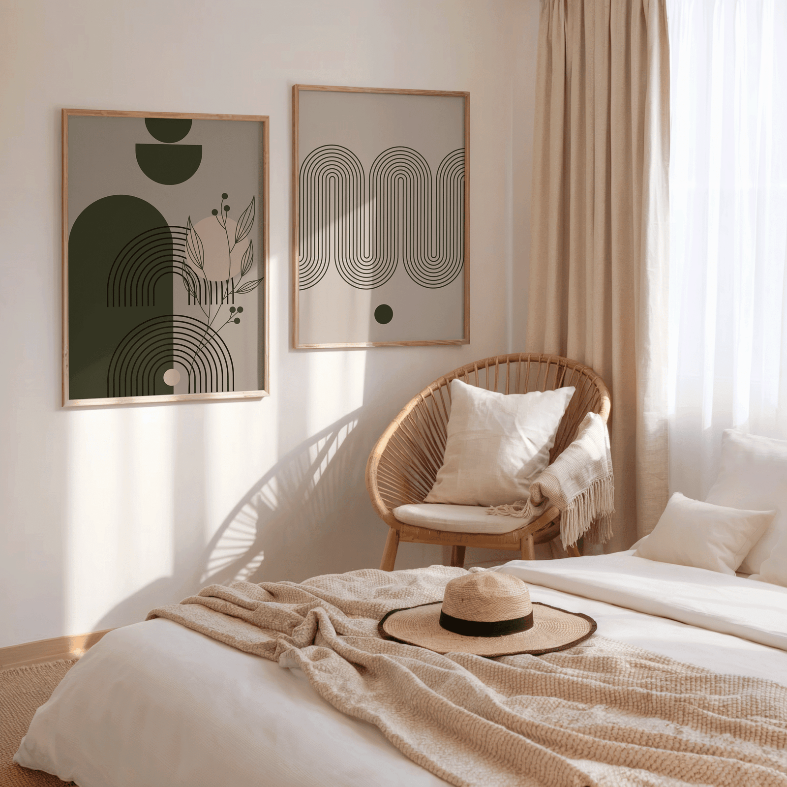 Mid-century modern gallery wall in a bedroom with green botanical and abstract wave prints in wood frames