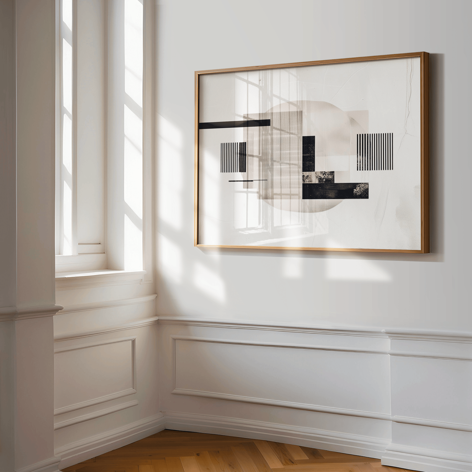 Abstract mid-century modern geometric print with black, beige, and taupe lines – framed wall art in a hallway with natural sunlight