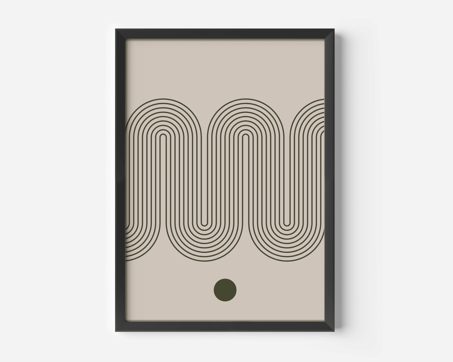 Mid-century modern wave line art print in a black frame, olive green and beige abstract design