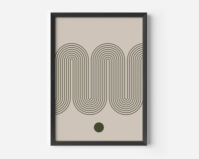 Mid-century modern wave line art print in a black frame, olive green and beige abstract design