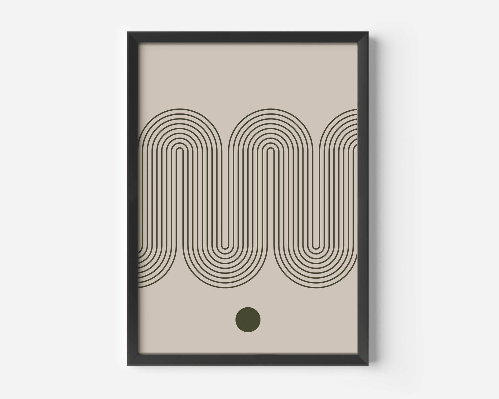 Mid-century modern wave line art print in a black frame, olive green and beige abstract design