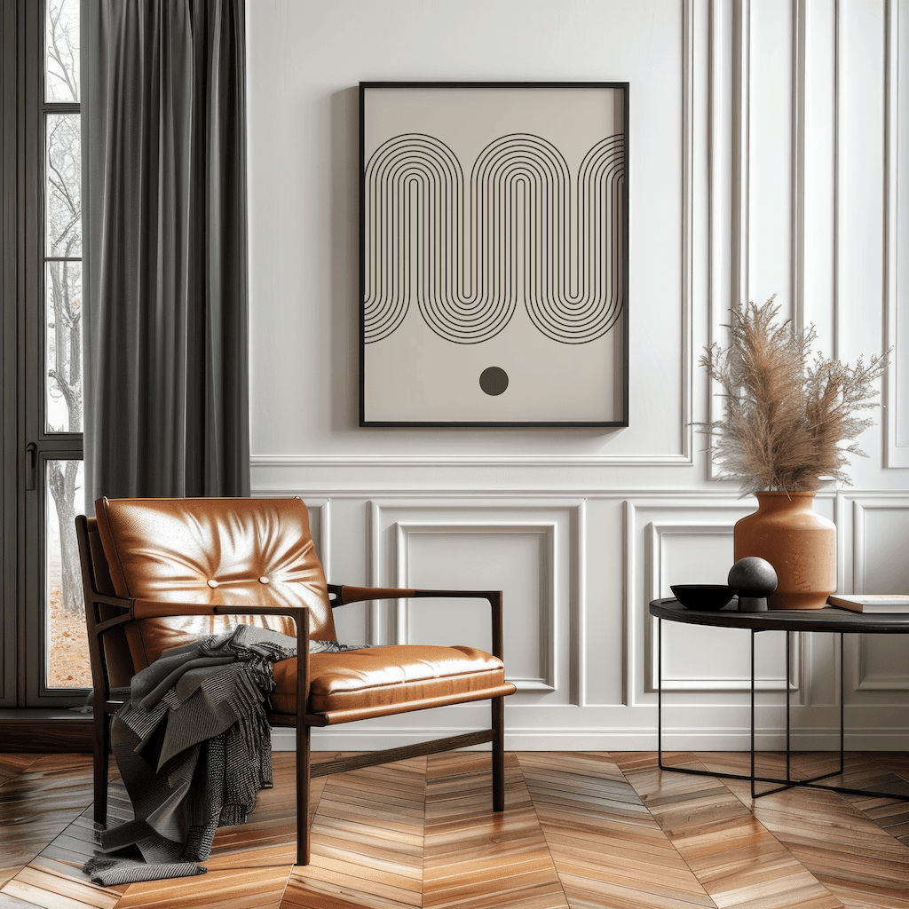 Mid-century wave print in a black frame above a leather accent chair with pampas grass