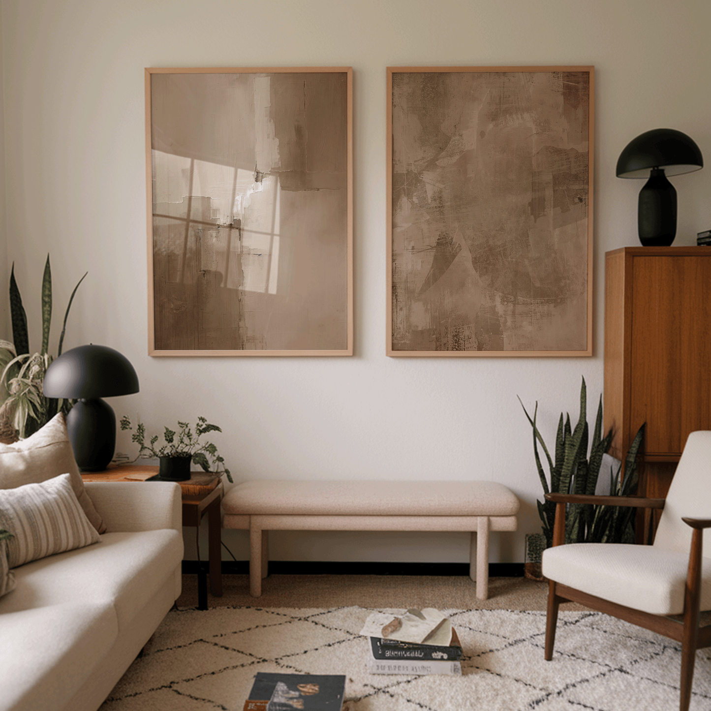 two earthy beige and moody brown abstract prints styled in a mid-century modern room with plants, warm wood accents, and soft rustic tones