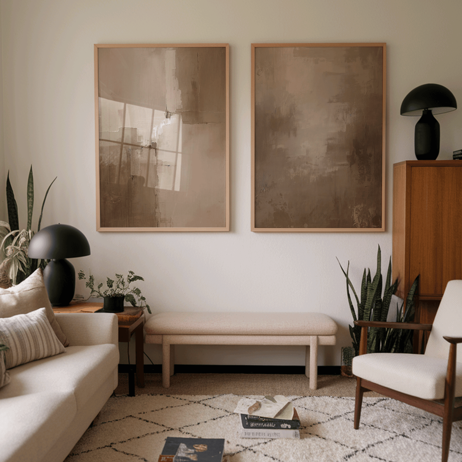 Two large canvas wall art prints with brown and beige hues, in warm neutral abstract design in midcentury modern living room