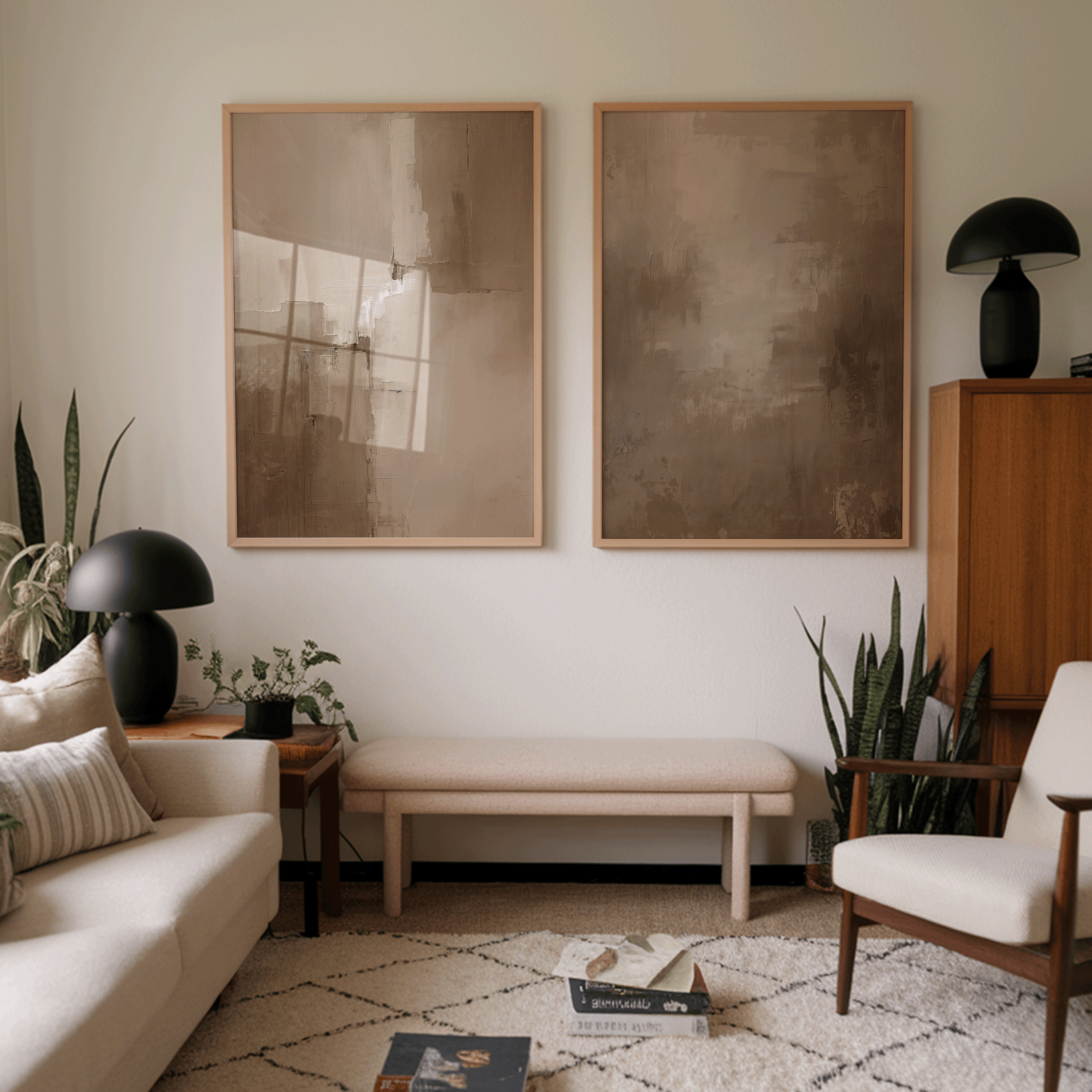 warm neutral abstract artwork displayed in a mid-century modern room with plants and wood tones, showcasing earthy beige and brown hues with wabi-sabi inspired organic softness
