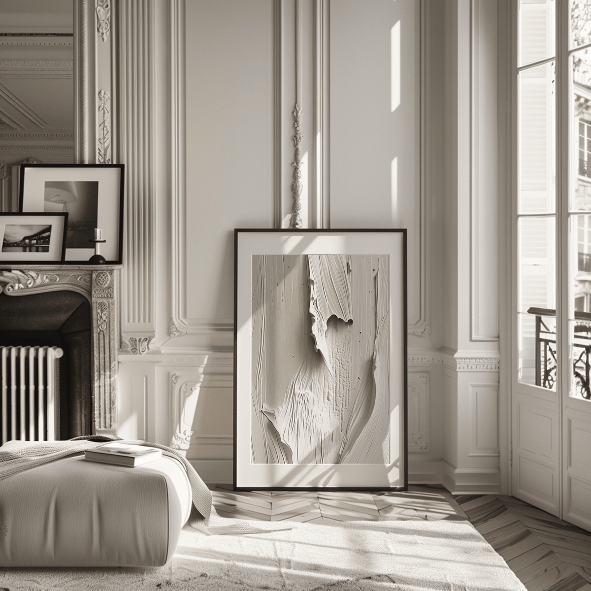 Modern interior design with white, cream and beige minimal framed abstract art leaning up against the wall next to the fireplace.