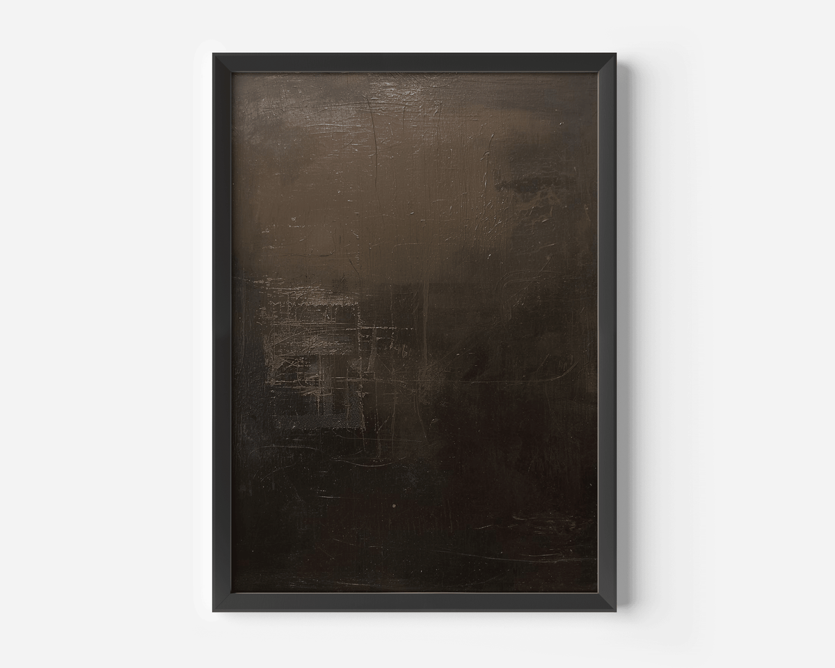 Framed dark abstract print with black, smoky brown and bronze tonal layers