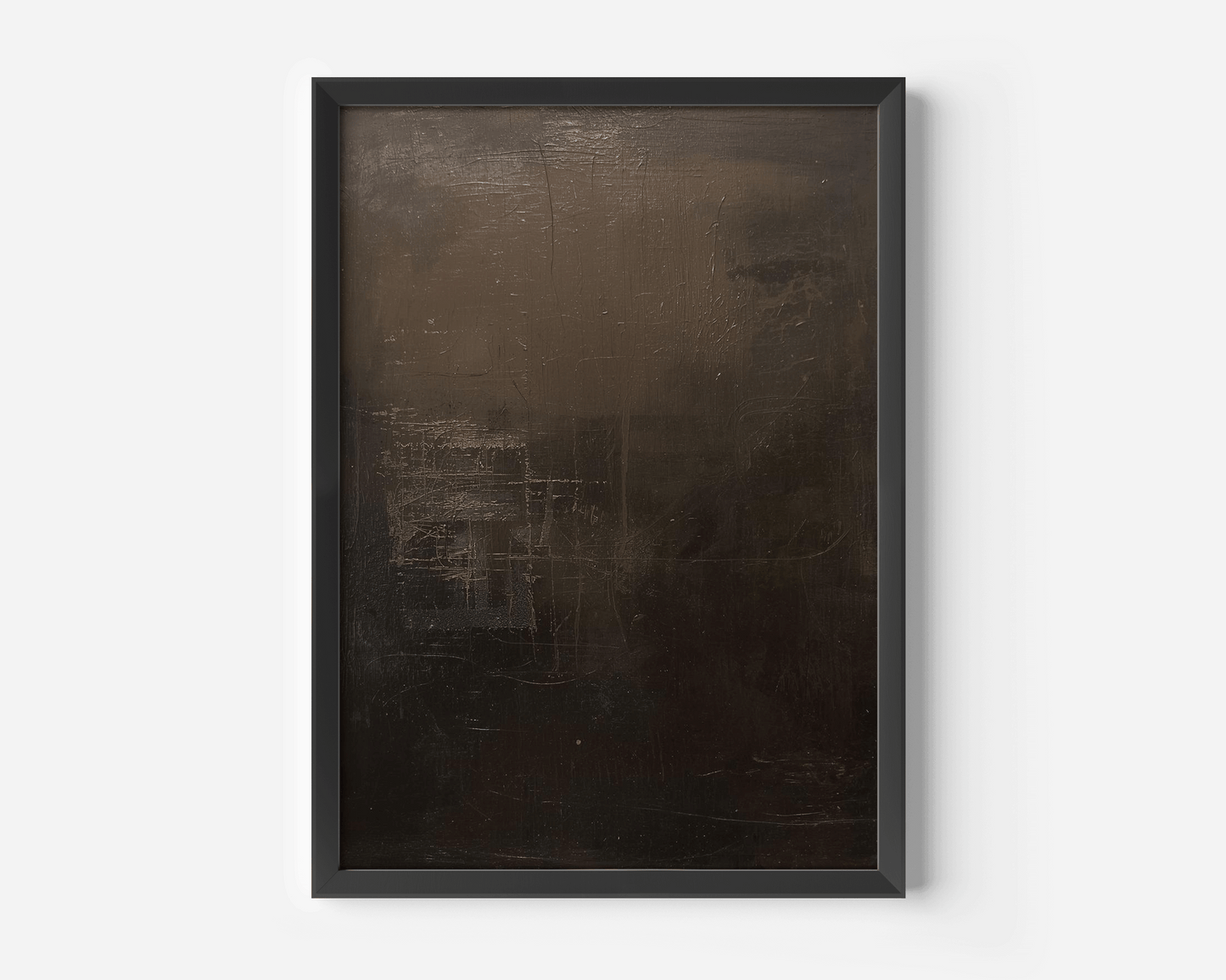 single framed dark abstract canvas print with black, smoky brown and bronze tonal layers and subtle textured brushwork styled as modern minimal wall decor