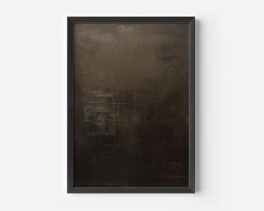 single framed dark abstract canvas print with black, smoky brown and bronze tonal layers and subtle textured brushwork styled as modern minimal wall decor