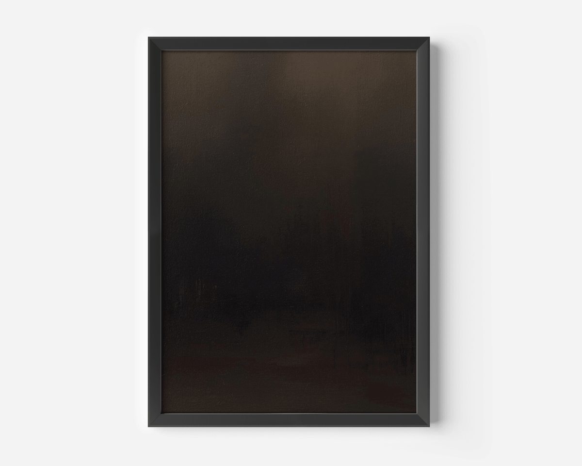 single dark abstract wall art print featuring smooth gradients of black, charcoal grey and muted bronze enclosed in a black frame, displayed against a clean white background
