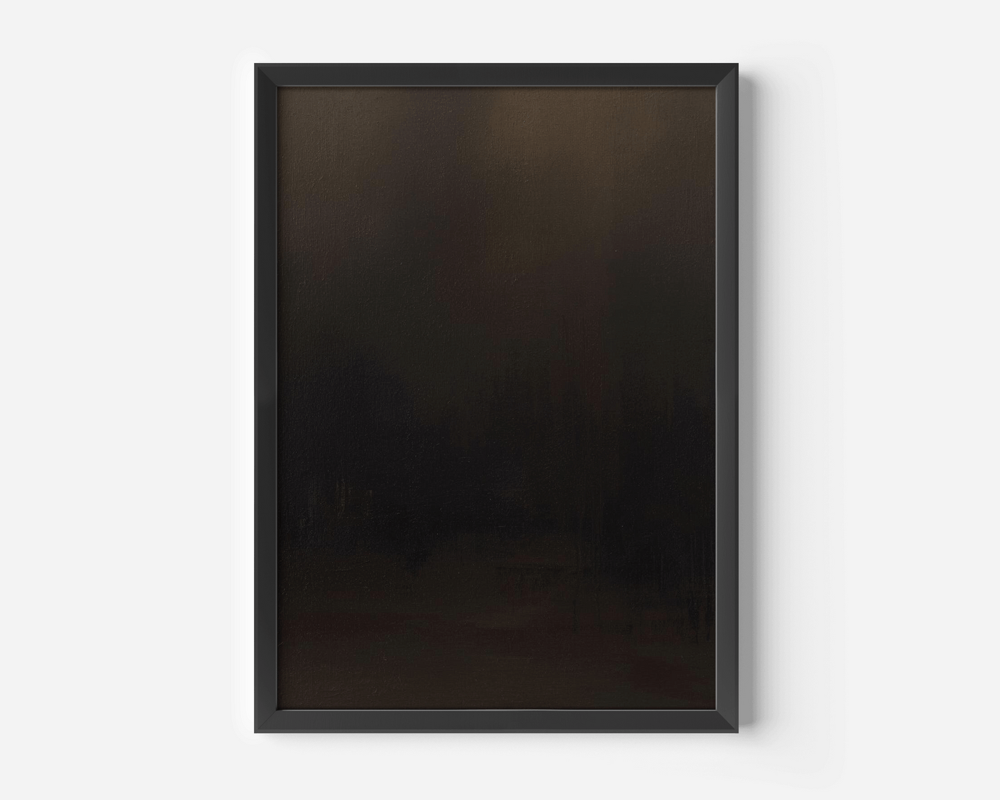 single dark abstract wall art print featuring smooth gradients of black, charcoal grey and muted bronze enclosed in a black frame, displayed against a clean white background