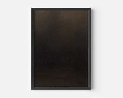 single dark abstract wall art print featuring smooth gradients of black, charcoal grey and muted bronze enclosed in a black frame, displayed against a clean white background
