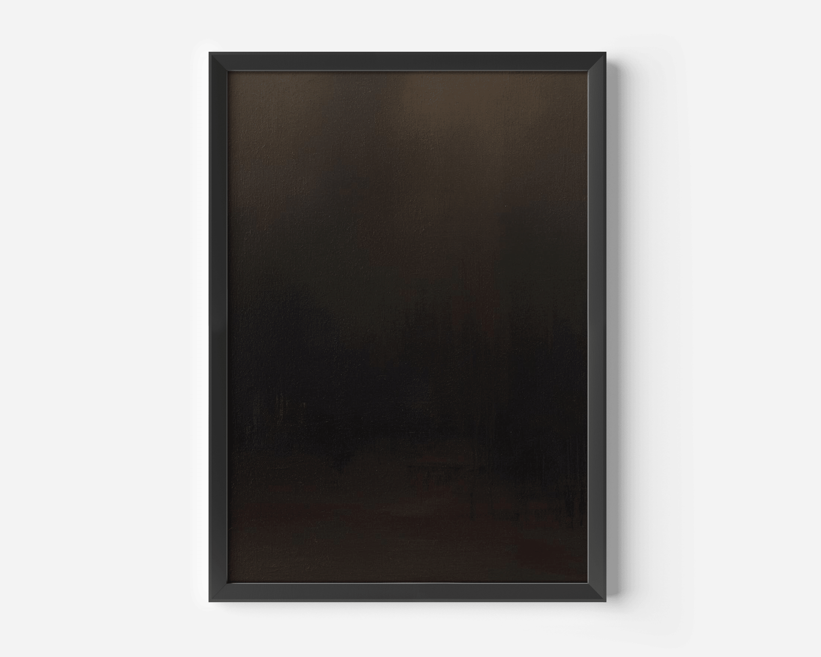 single dark abstract wall art print featuring smooth gradients of black, charcoal grey and muted bronze enclosed in a black frame, displayed against a clean white background