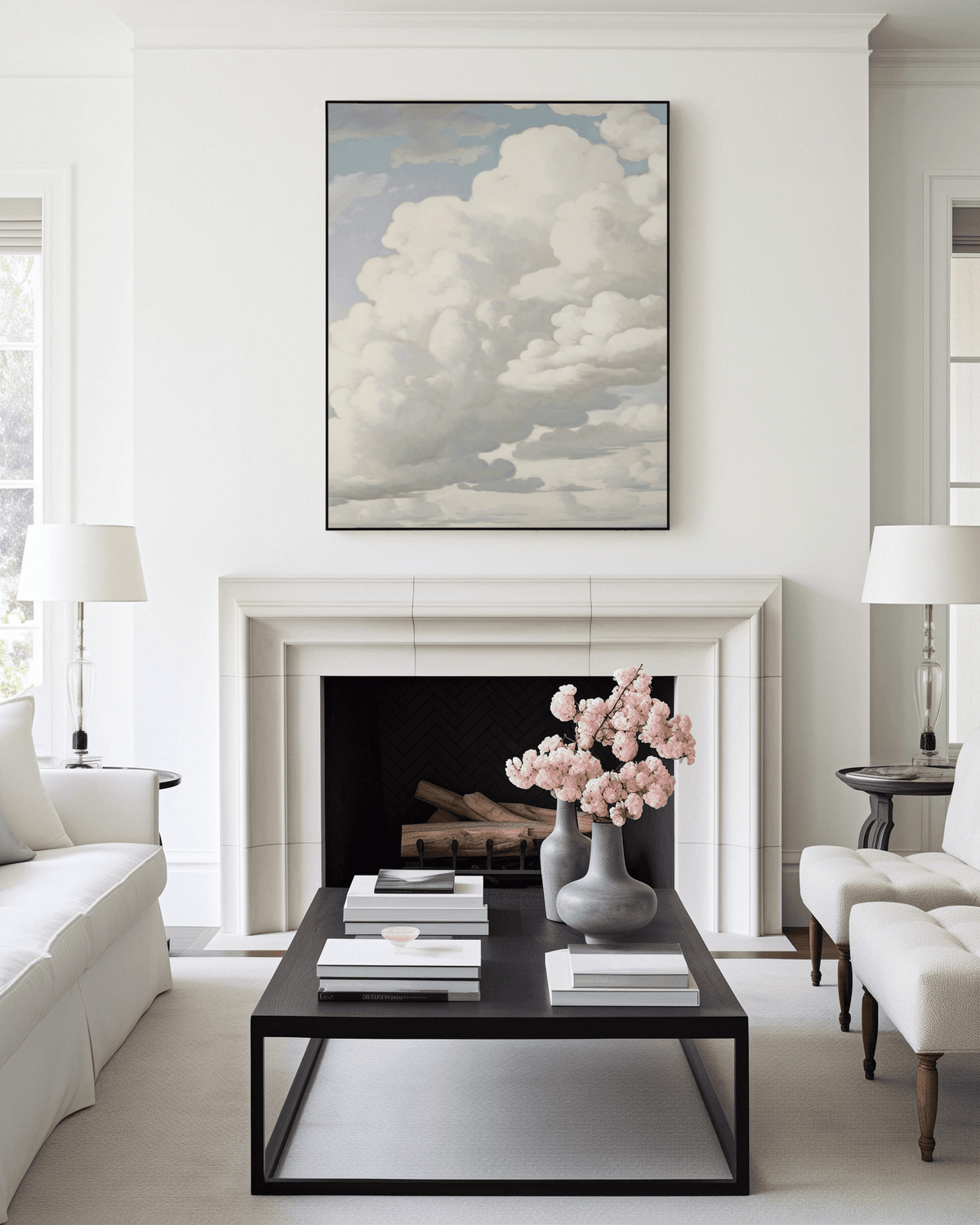 Modern living room with vintage neutral clouds wall art print above fireplace, coffee table, and decorative elements.