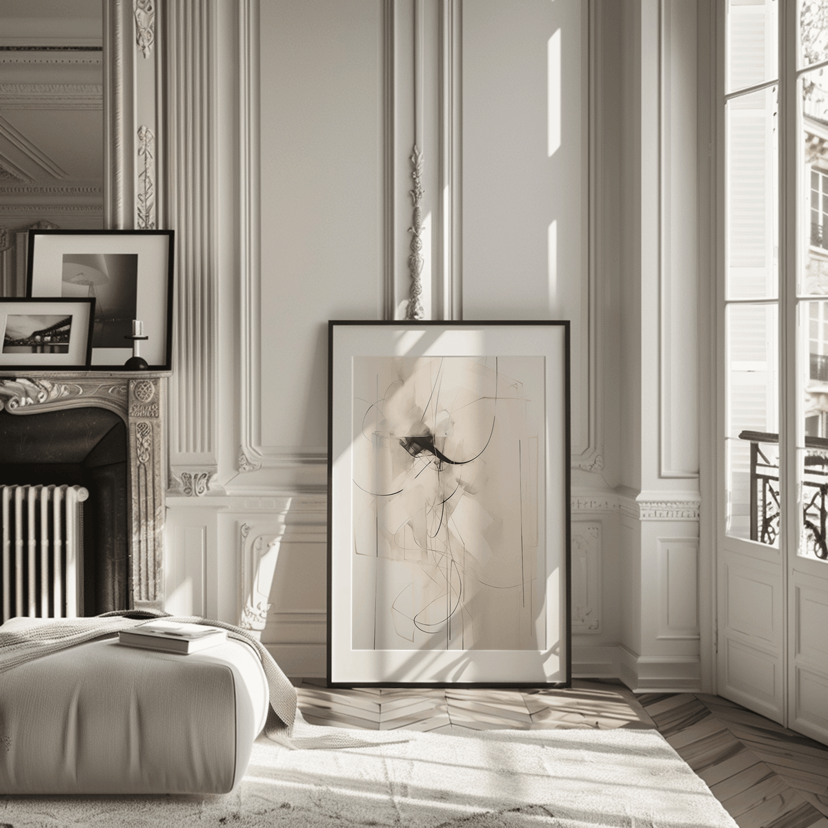 Large framed neutral abstract wall art leaning against wall in living room with beige, cream, brown and minimal lines