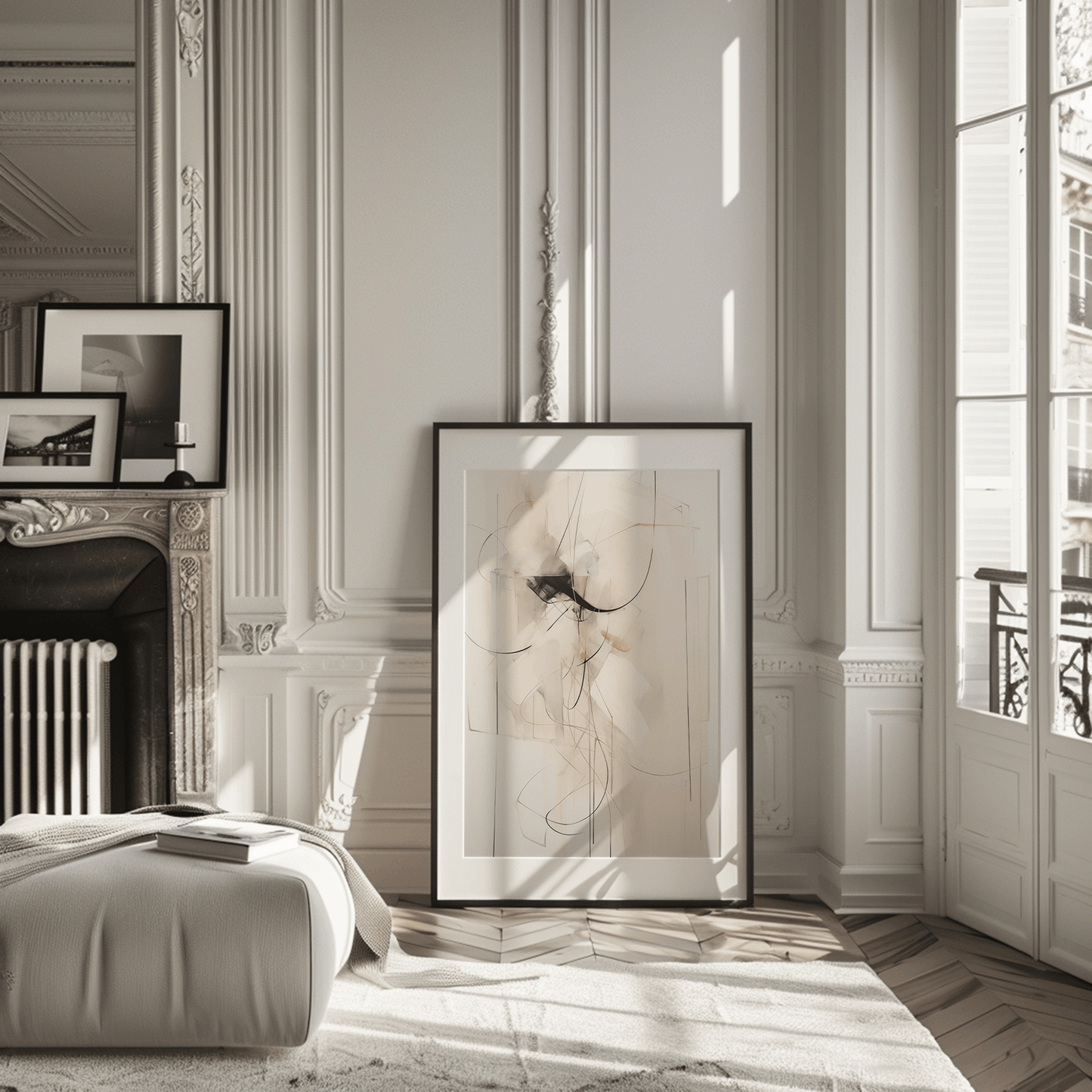 Large framed neutral abstract wall art leaning against wall in bright Parisian living room apartment.